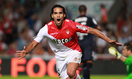 Monaco's Radamel Falcao celebrates after scoring in the 2-0 Ligue 1 victory at Bordeaux