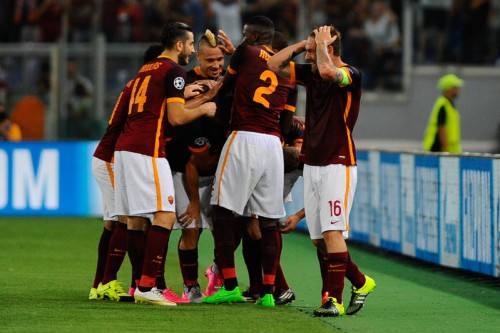 roma-barcellona-florenzi gol esultanza rudiger manolas squadra