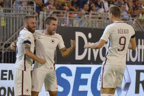 cagliari-roma-dzeko de rossi strootman gol esultanza