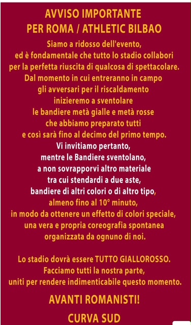 ROMA-ATHLETIC CLUB. Il messaggio della Curva Sud sulla coreografia 2 Curva Sud vs Bilbao